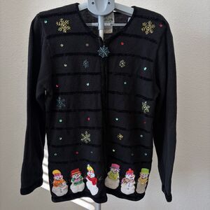 Vintage Quacker Factory Snowman Christmas Holiday Cardigan Sweater‎ Size Medium